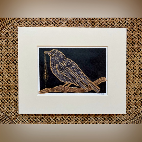 Original art watercolor ink gold bird raven crow mystical witchy moon academia - Picture 4 of 13